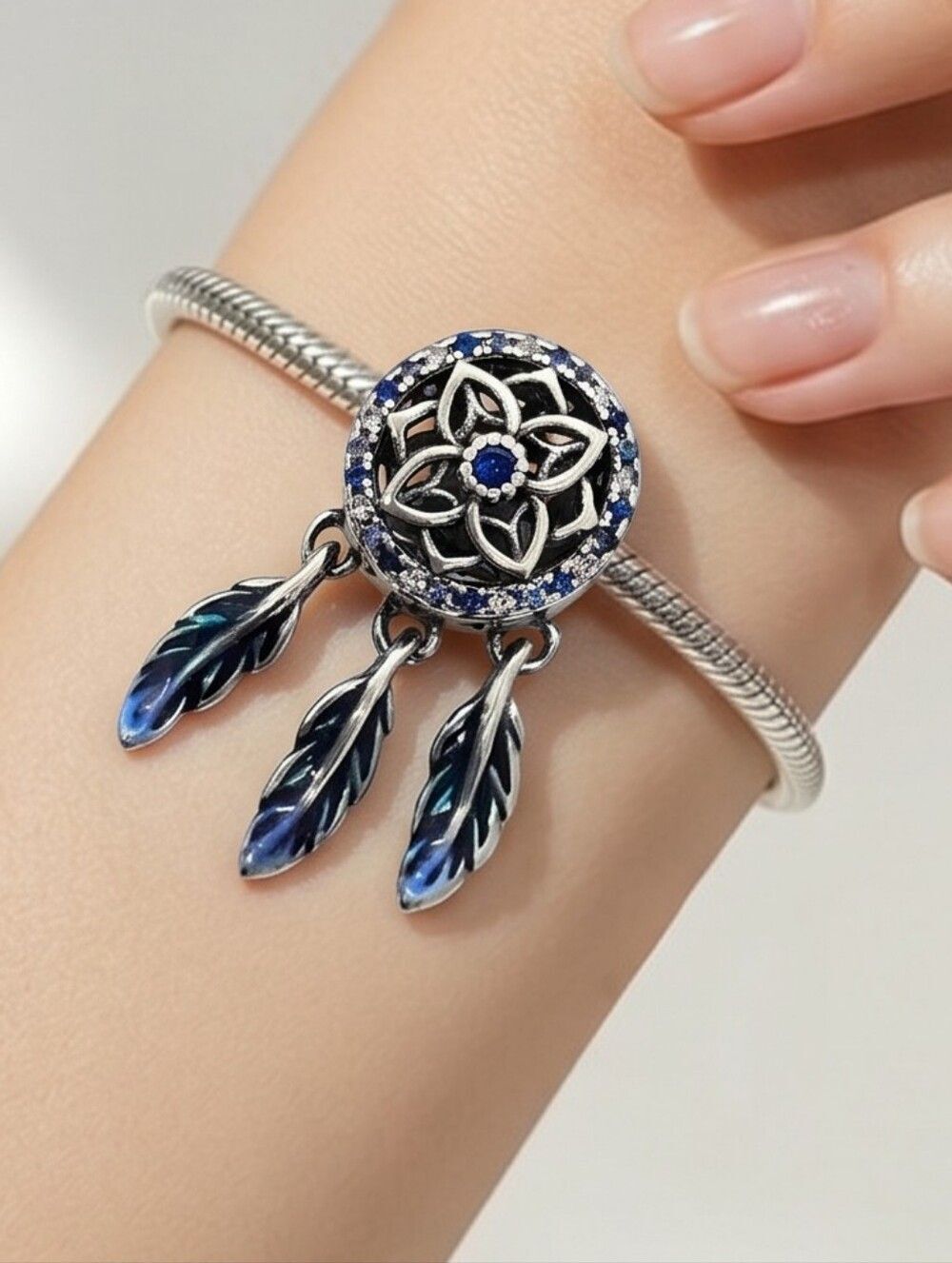 Dreamcatcher Feather Charm S925 Sterling Silver Dangle Bracelet Bohemian Tribal